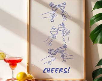 Cheers Cocktail Line Art Print: Trendy Bar Cart Decor (Digital Download)
