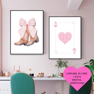 Paquete de 4 imprimibles para el día de San Valentín, vaquera enamorada, digital, rosa, campestre, sombrero, lazo, decoración del día de San Valentín, cupido, arte de pared imprimible