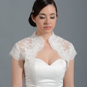 Bolero in pizzo, bolero da sposa, giacca da sposa, giacca bolero da sposa in pizzo alençon con maniche a cappuccio color avorio chiaro