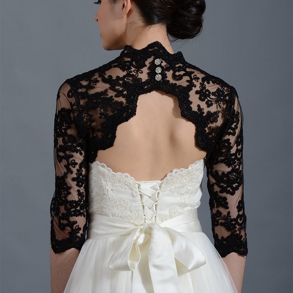 Wedding bolero, lace bolero, bridal bolero jacket, black bolero, 3/4 sleeve lace bolero, keyhole back, alencon lace