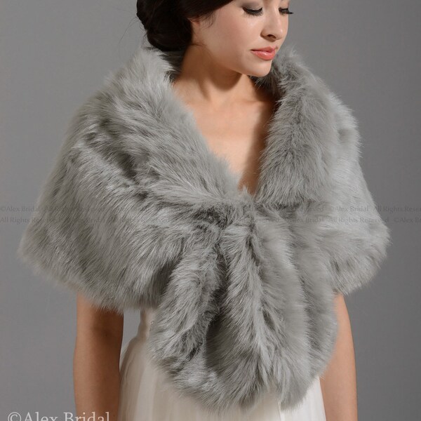 Silver faux fur wrap faux fur stole faux fur shawl bridal wrap wedding shrug bridal shrug faux fur cape faux fur wrap bridal A001-Silver