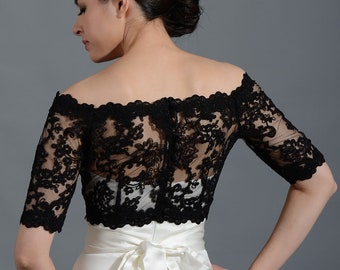 Giacca bolero in pizzo nero con spalle scoperte Alencon Giacca da sposa Bolero da sposa Giacca da sposa bolero da sposa