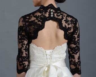 Bolero da sposa, bolero in pizzo, giacca bolero da sposa, bolero nero, bolero in pizzo con maniche a 3/4, buco della serratura sul retro, pizzo alencon