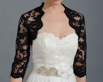 Black wedding bolero lace bolero bridal bolero jacket black bolero 3/4 sleeve lace bolero wedding dress topper alencon lace