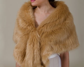 Caramel Faux Fur Bridal Wrap, Shrug Stole with collar