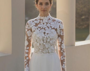 Light ivory Lace High Neck Wedding Bolero Jacket with lace flowers