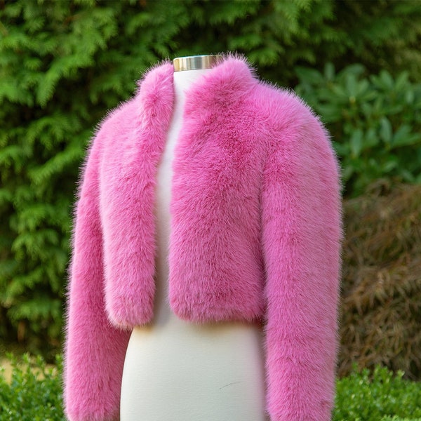 Barbie pink long sleeve faux fur jacket faux fur coat faux fur bolero faux fur shrug FJ003-barbie-pink