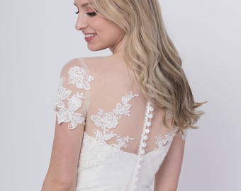 Topper per abito da sposa in avorio con perline a maniche corte, abbottonato sul retro, bolero in pizzo, bolero da sposa, giacca da sposa, bolero da sposa, giacca bolero