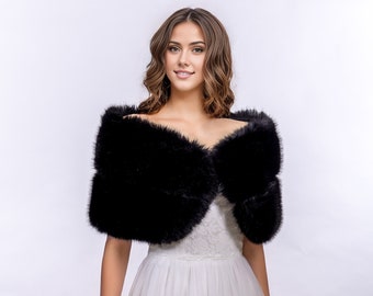 Black faux fur bridal wrap, wedding faux fur shawl, faux fur bridal stole, faux fur cape B015-Black