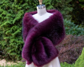 Purple plum faux fur wrap with black tips faux fur stole faux fur shawl bridal wrap faux fur shrug B005-purle