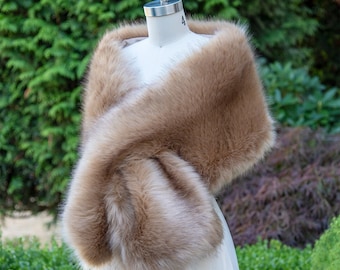 Honey Brown Faux Fur Bridal Wrap with Black Tips