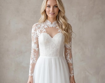 Light ivory long sleeve wedding dress topper with mandarin collar