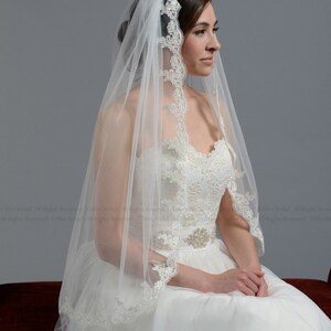 wedding veil, bridal veil, elbow length veil, alencon lace veil, wedding veil ivory image 2