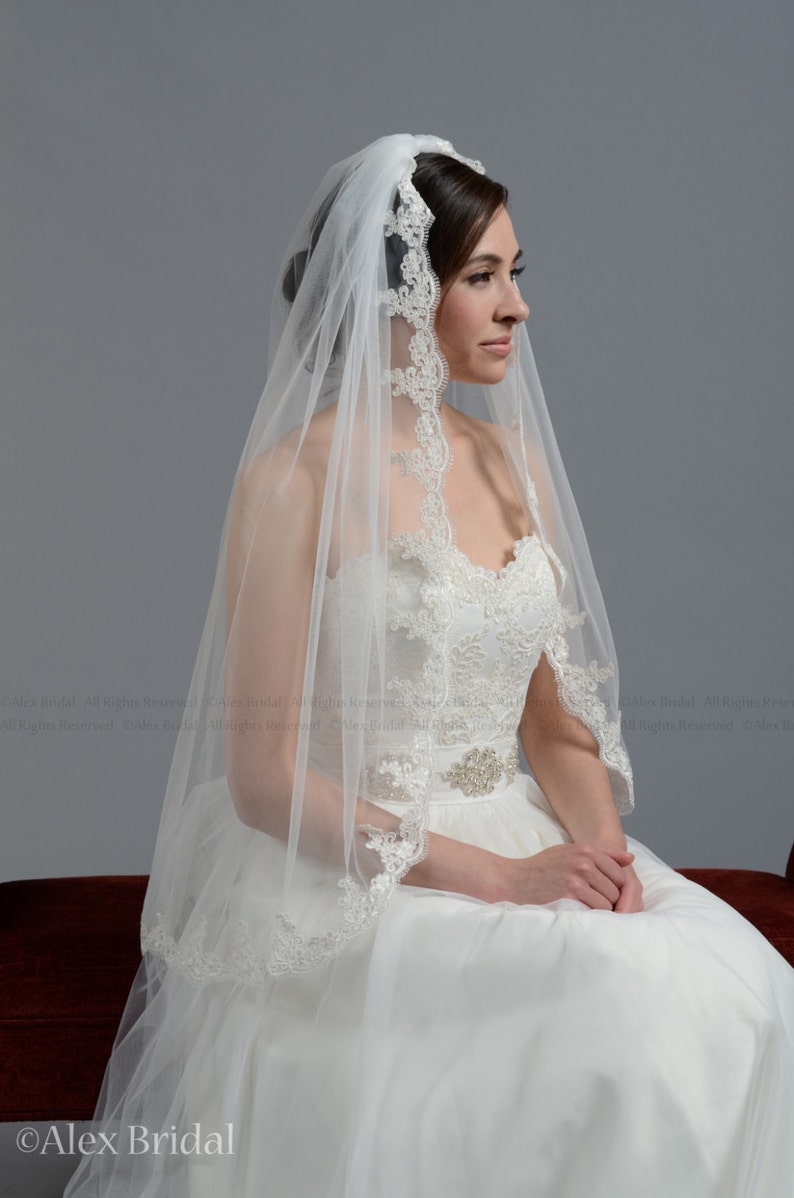 wedding veil, bridal veil, elbow length veil, alencon lace veil, wedding veil ivory image 2