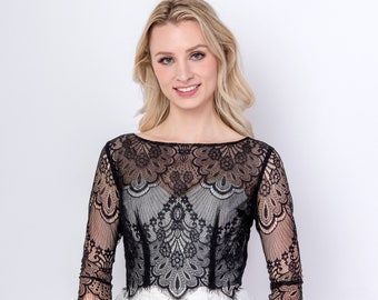 Black Chantilly Lace Bridal Topper: Black Wedding Dress Cover-up, Long  Sleeve - Etsy