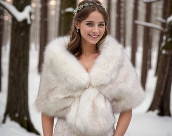 Ivory Faux Fur Wrap with Brown Tips – Bridal Shawl Stole