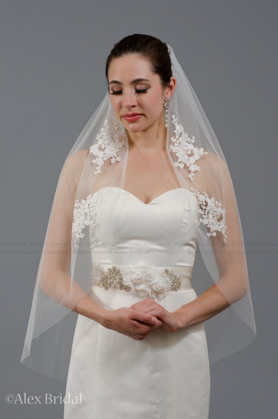 Ivory Alencon Lace Elbow Wedding Veil - 36
