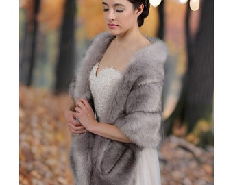 Gray faux fur wrap with pocket faux fur stole faux fur shawl bridal wrap wedding shrug faux fur cape faux fur wrap bridal B001-gray