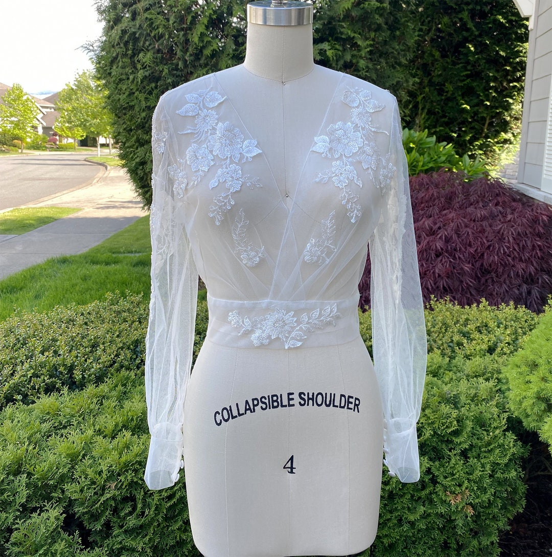 Bishop Sleeve Beaded Wedding Dress Topper | Light Ivory Bridal Lace Topper | Bridal Lace Jacket ...