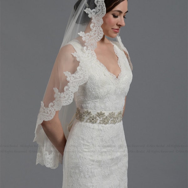 Ivory wedding veil, bridal veil, mantilla veil, elbow length veil, alencon lace veil, wedding veil ivory