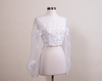 Romantic puff sleeve lace topper | light ivory bridal lace topper | bridal lace jacket | bridal separates