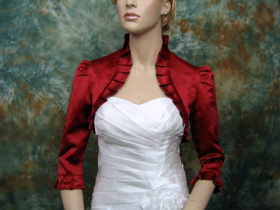 Wine Red 3/4 sleeve satin bolero wedding bolero jacket shrug