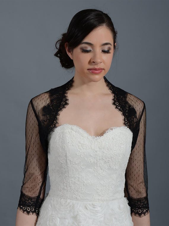 Black Lace Wedding Bolero Shrug: 3/4 Sleeve Bridal Jacket - Etsy display picture 1