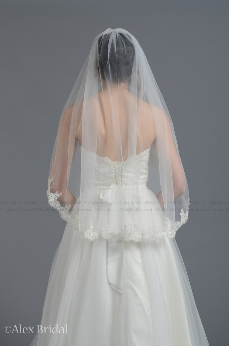 wedding veil, bridal veil, elbow length veil, alencon lace veil, wedding veil ivory image 4