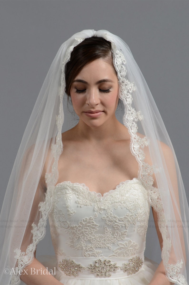 wedding veil, bridal veil, elbow length veil, alencon lace veil, wedding veil ivory image 1