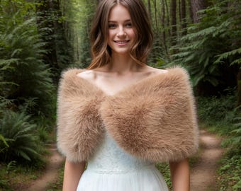 Honey Brown Faux Fur Bridal Wrap: Fleece Lined Wedding Shawl