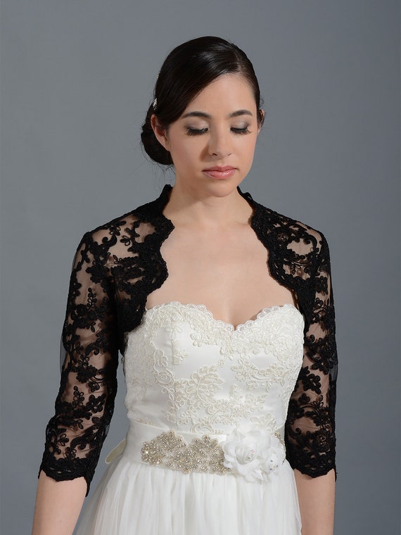 Bridal lace  black ivory white bolero jacket shrug 3/4 sleeve wedding shrug 