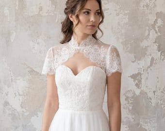 Light Ivory Cap Sleeves Lace wedding dress topper: keyhole back with mandarin collar