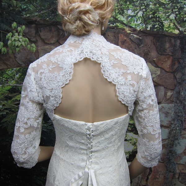 Wedding bolero, wedding jacket, lace bolero, bridal bolero jacket, Ivory bolero, 3/4 sleeve lace bolero, keyhole back, alencon lace