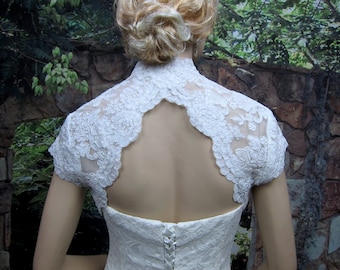 Wedding bolero, lace bolero, wedding jacket, bridal bolero, white lace bolero, cap sleeve, keyhole back, alencon lace