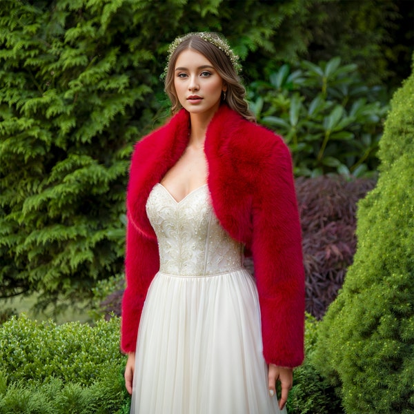 Red Faux Fur Bridal Bolero: Long Sleeve Wedding Shrug
