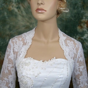 Lace bolero, wedding bolero, white 3/4 sleeve bridal alencon lace wedding bolero jacket image 2