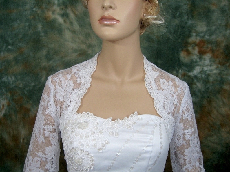 Lace bolero, wedding bolero, white 3/4 sleeve bridal alencon lace wedding bolero jacket image 2