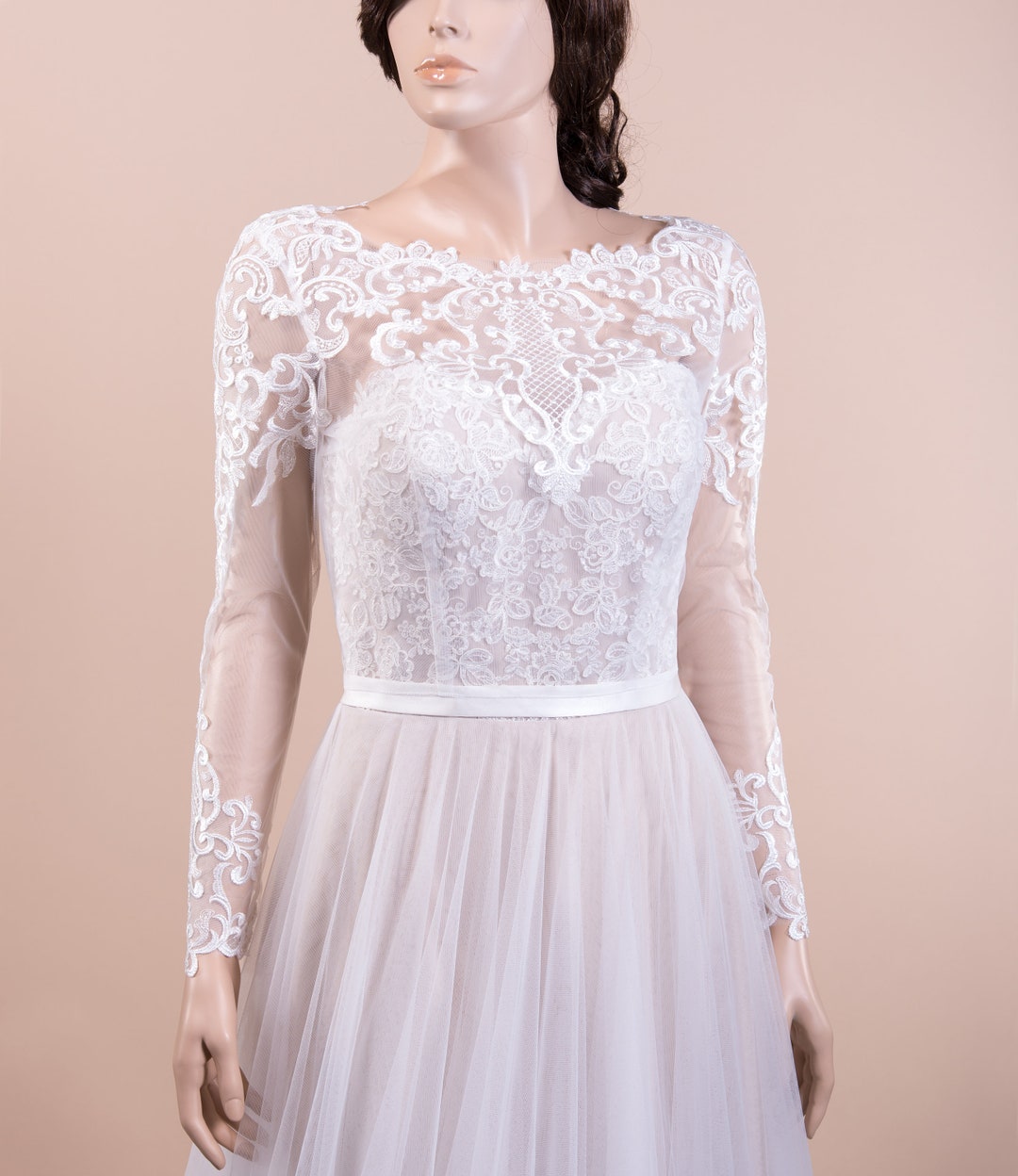Ivory Long Sleeve Wedding Dress Topper Buttoned Back Lace Bolero ...