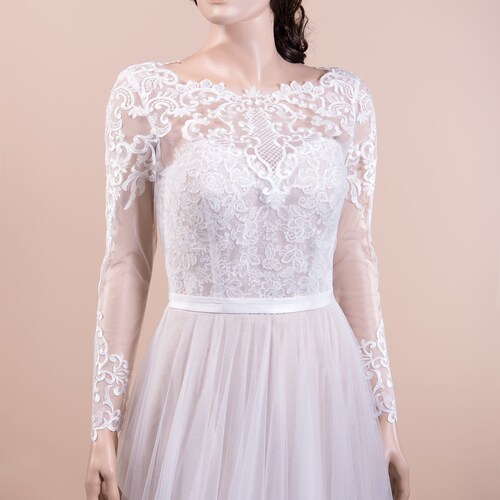Ivory Long Sleeve Wedding Dress Topper Buttoned Back Lace Bolero Wedding Bolero Wedding Jacket Bridal Bolero Boat Neck