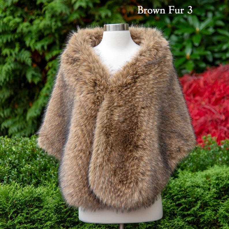 Brown Faux Fox Fur Bridal Wrap, Fleece Lined Wedding Stole Brown fur 3