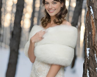 Ivory Faux Fur Bridal Wrap: Wedding Shawl Stole