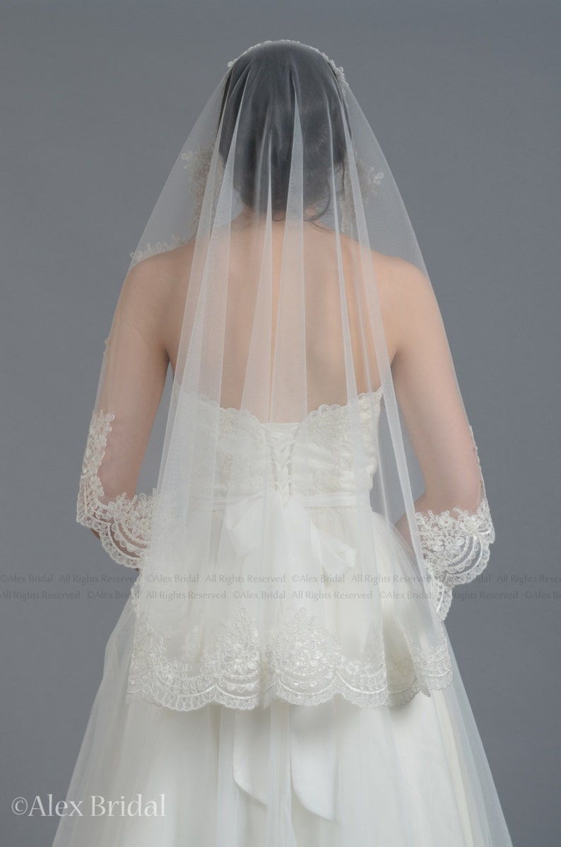 wedding veil, bridal veil, mantilla veil, elbow length veil, alencon lace veil, wedding veil ivory, fingertip length veil image 4