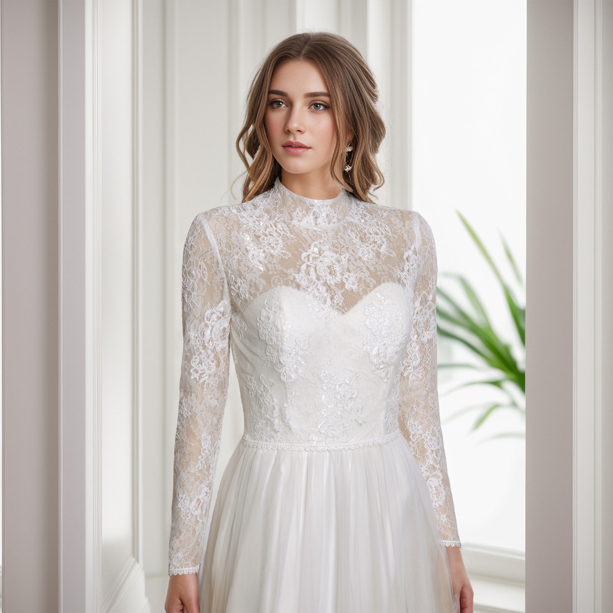High Neck Alencon Lace Wedding Dress Topper Lace Bolero