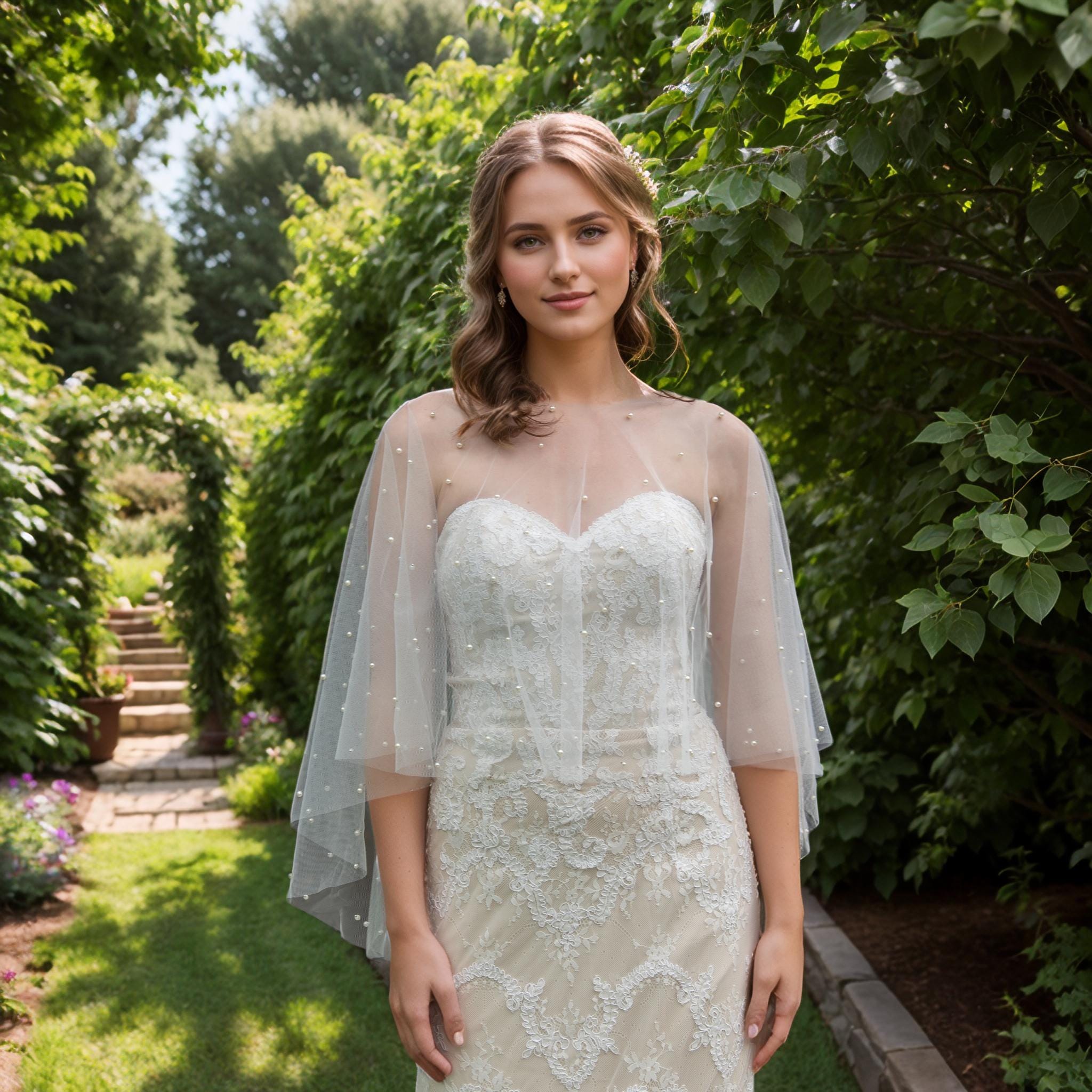 Pearl wedding cape tulle wedding dress topper in light ivory color