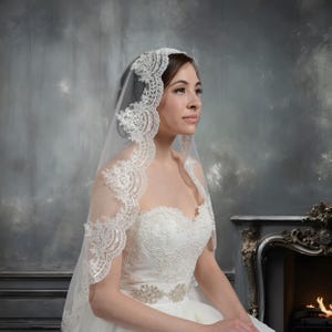 wedding veil, bridal veil, mantilla veil, elbow length veil, alencon lace veil, wedding veil ivory, fingertip length veil