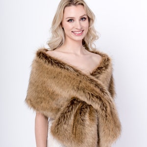 Brown faux fur wrap, faux fur stole high imitation, faux fur shawl, bridal wrap faux fur shrug B005-fox image 3