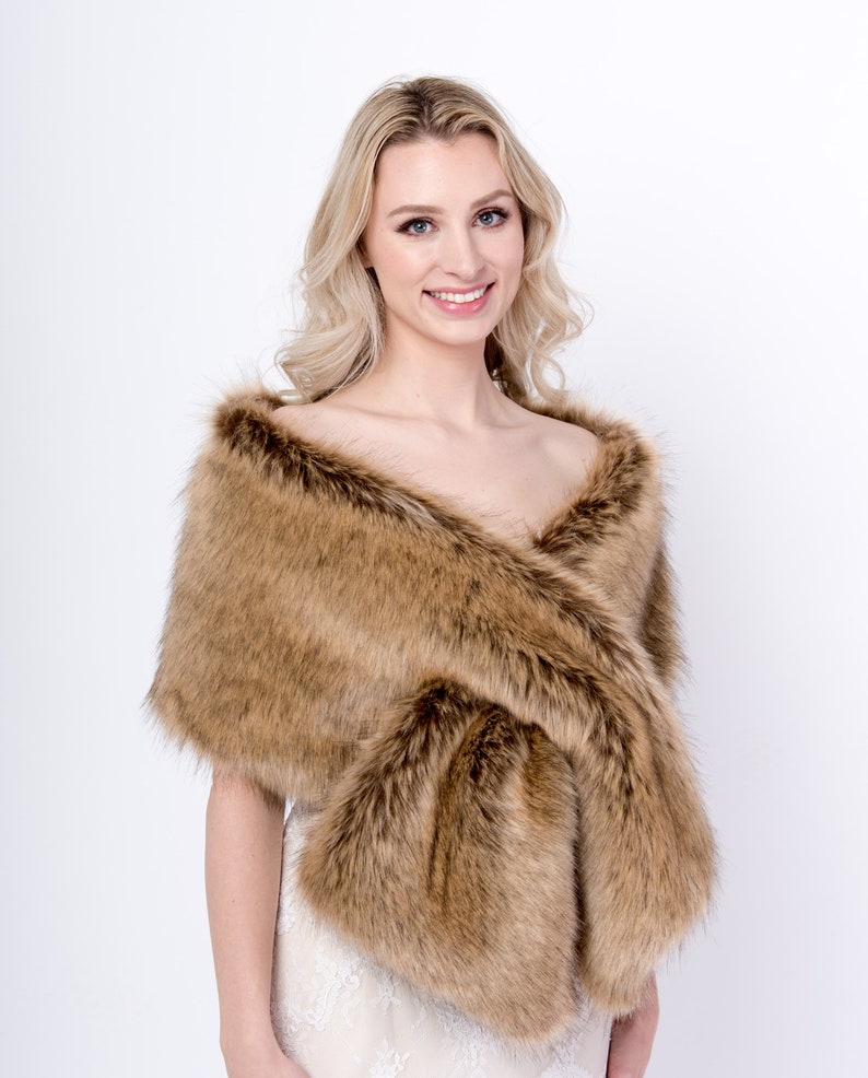 Brown faux fur wrap, faux fur stole high imitation, faux fur shawl, bridal wrap faux fur shrug B005-fox image 3