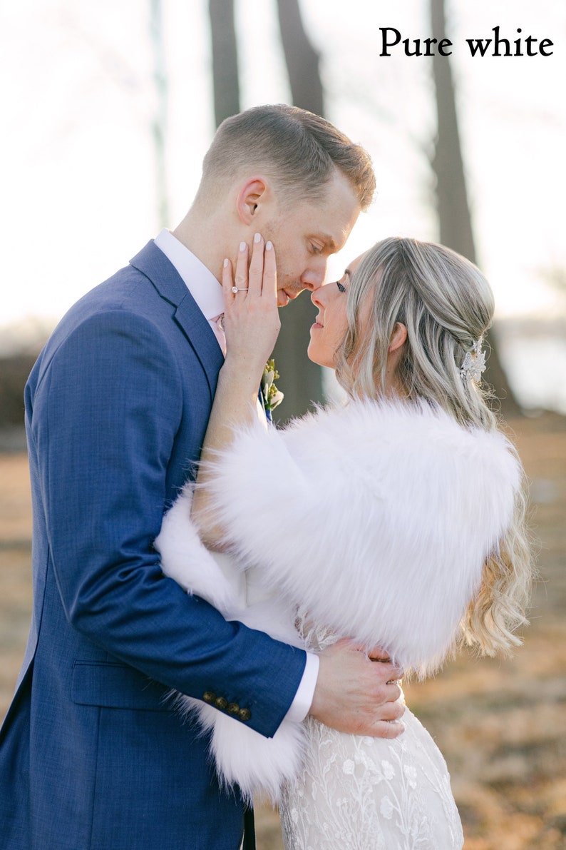Ivory Faux Fur Bridal Wrap: Wedding Shawl with Brown Tips Pure white