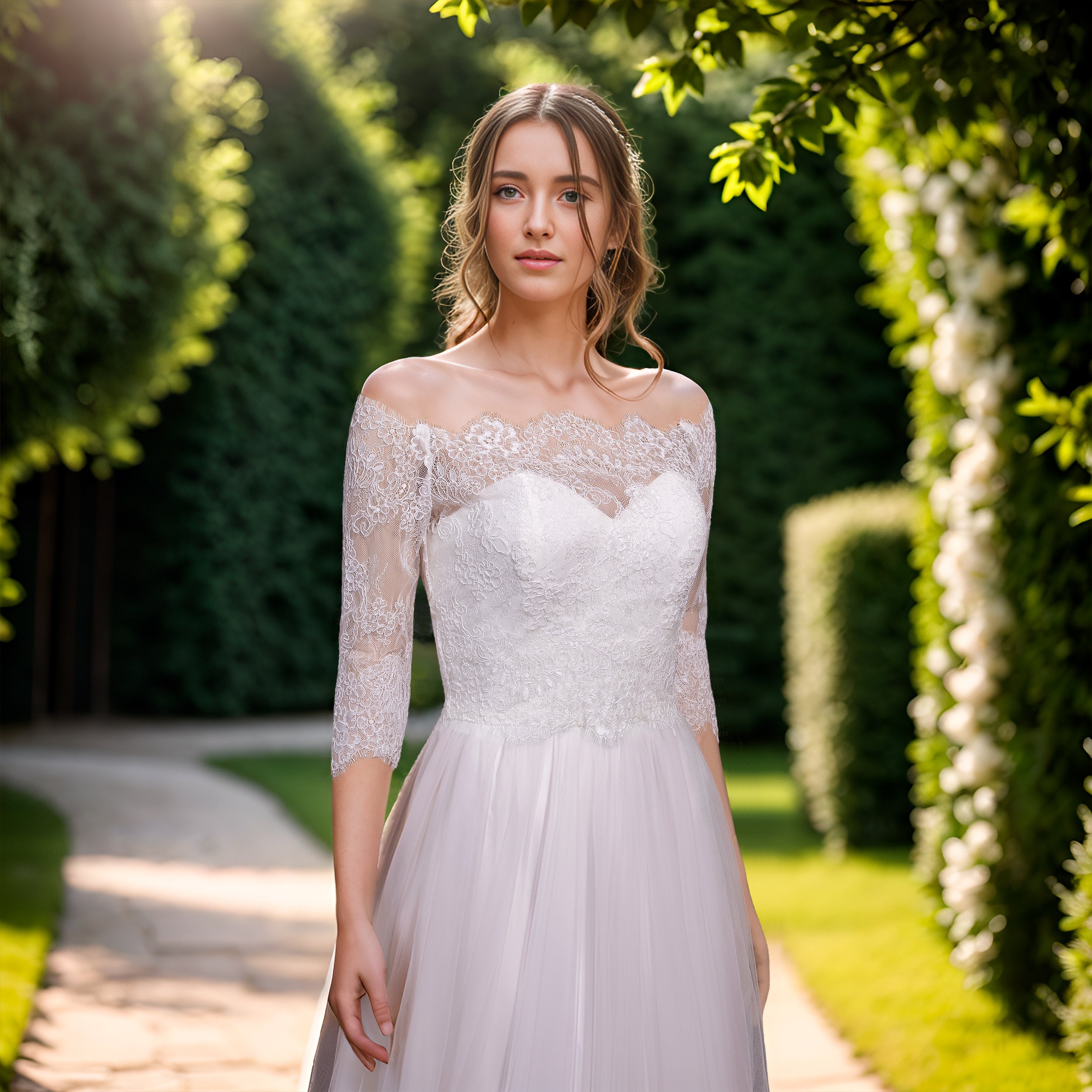 Light ivory Off-Shoulder Alencon Lace wedding dress  topper bolero jacket Bridal Bolero Wedding jacket