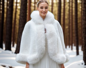 light ivory faux fur bridal cape wedding shawl wrap with hood B020-light-ivory